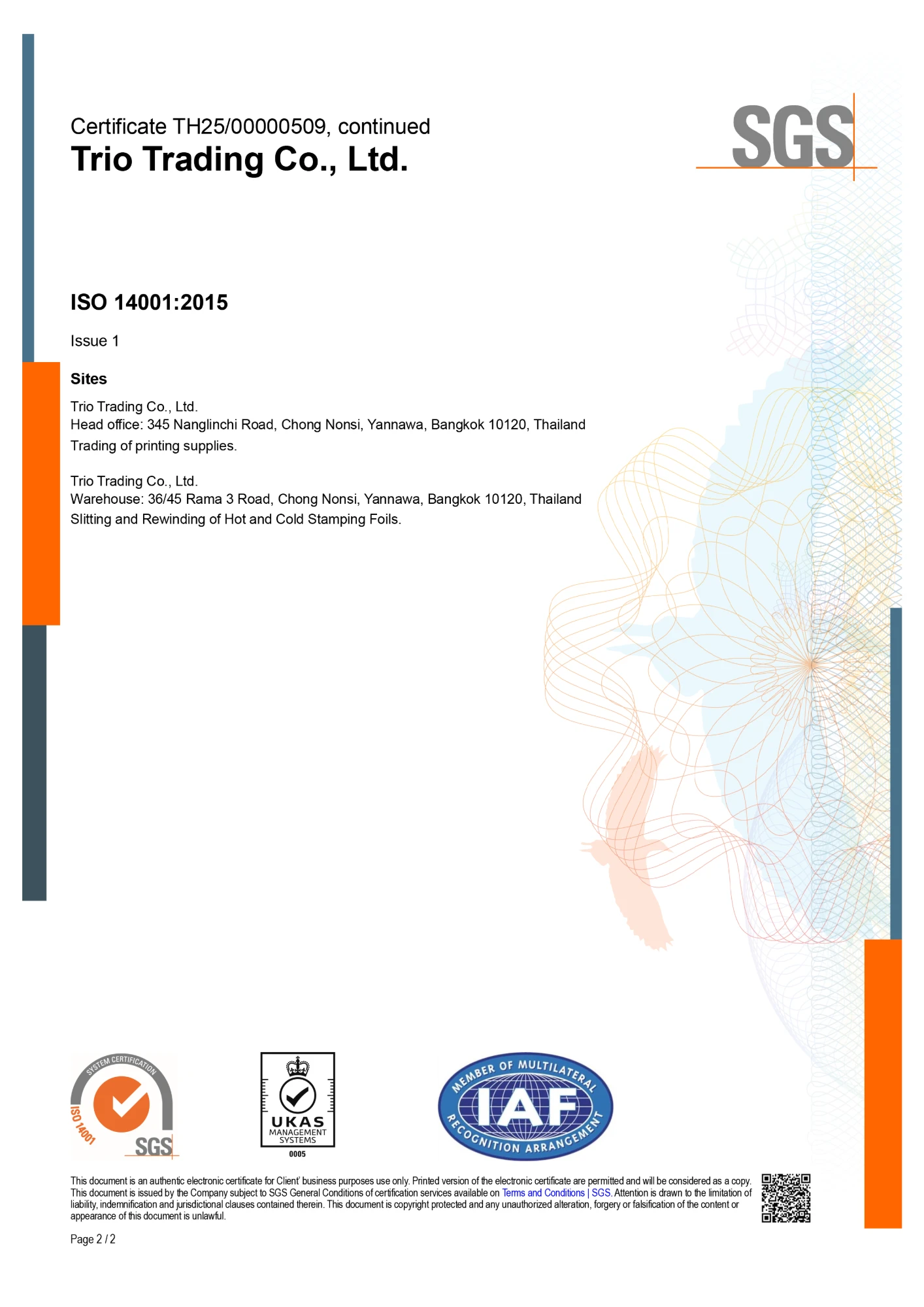 SGS ISO 14001:2015 certificate TH25/00000509 for Trio Trading Co., Ltd.