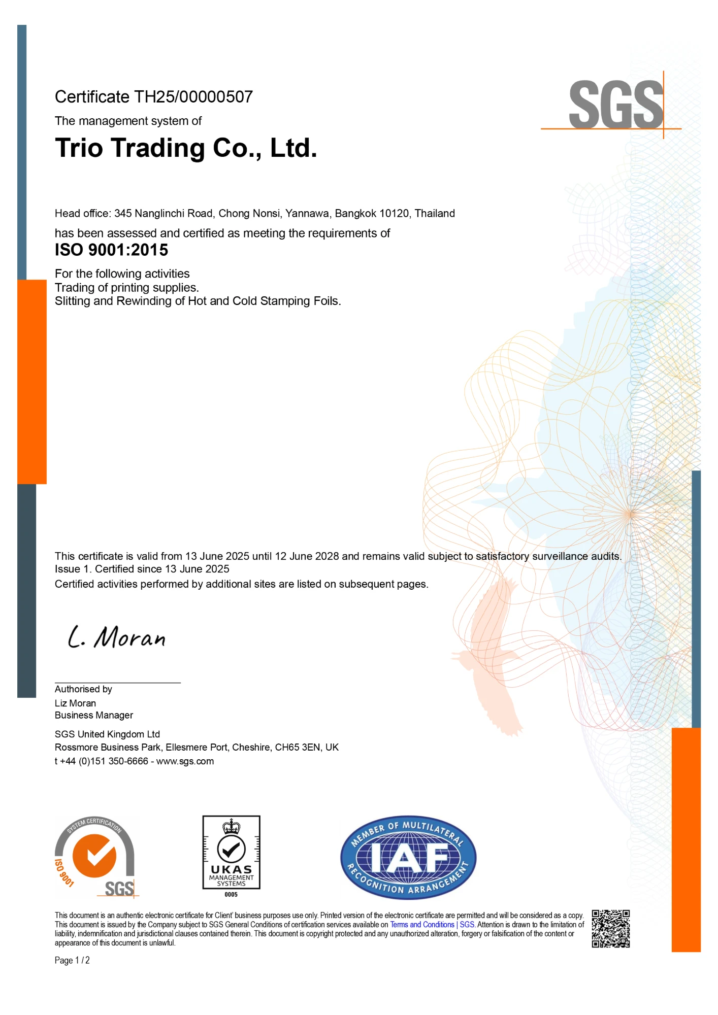 SGS ISO 9001:2015 certificate TH25/00000507 for Trio Trading Co., Ltd.
