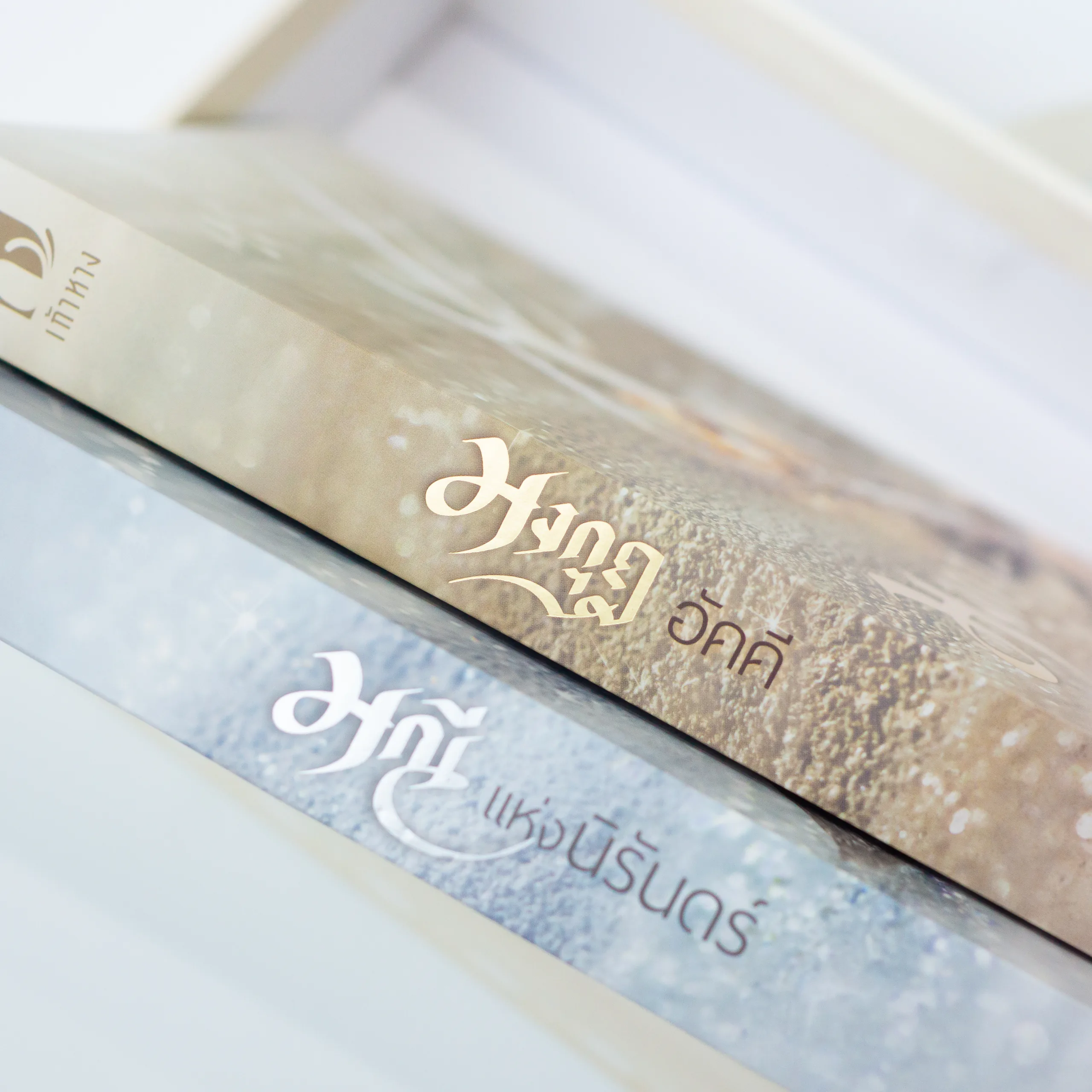 Matte gold and silver foil titles on Thai book covers