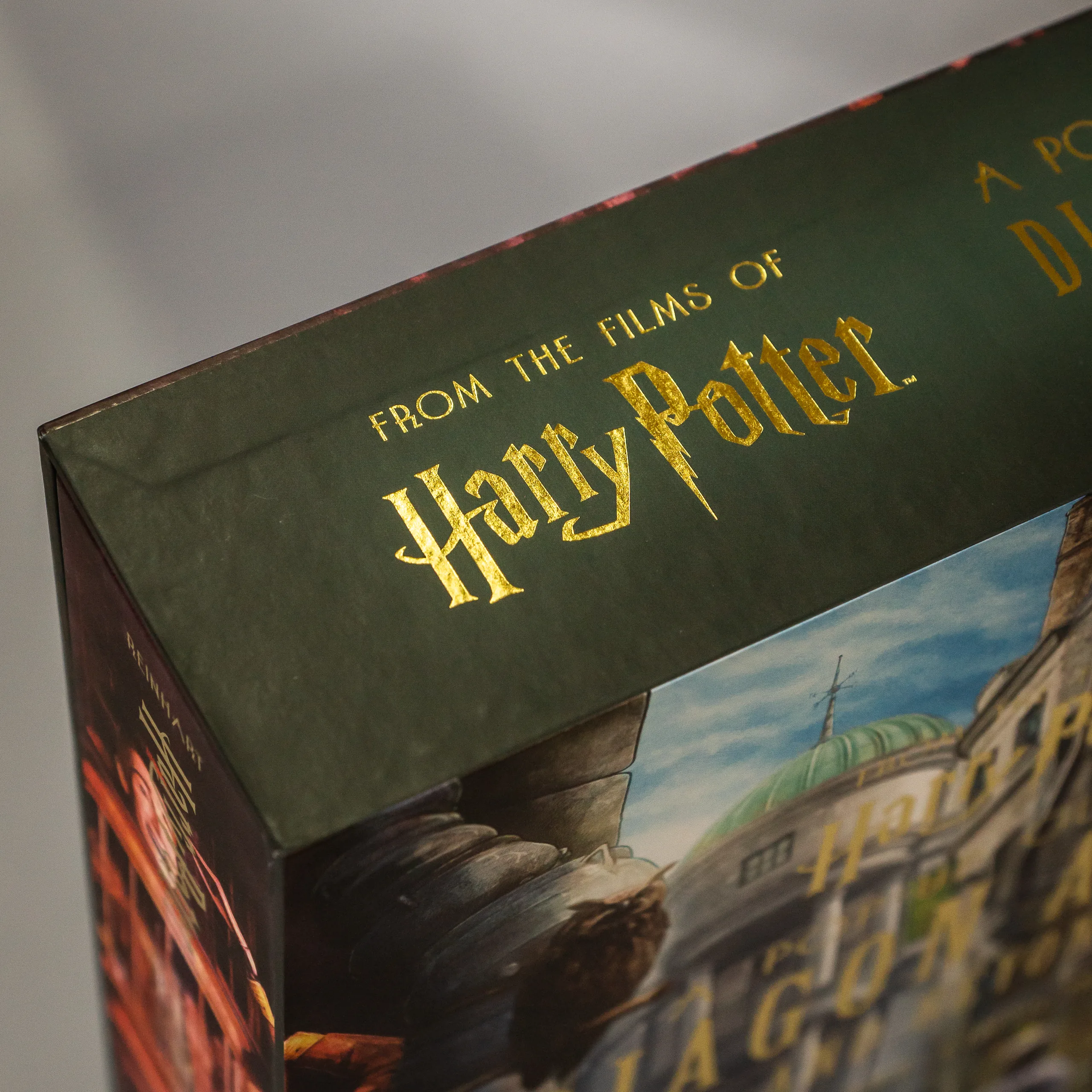 Gold metallic foil title on a Harry Potter box