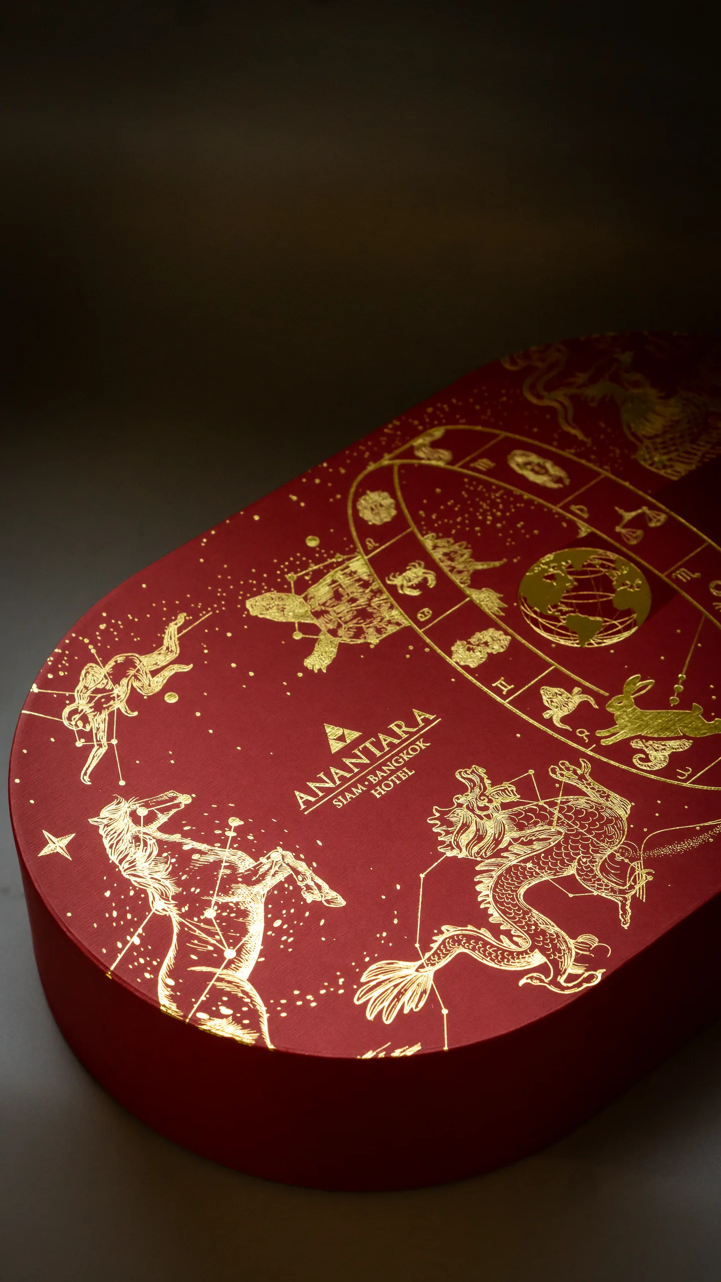Gold metallic foil zodiac artwork on a mooncake box