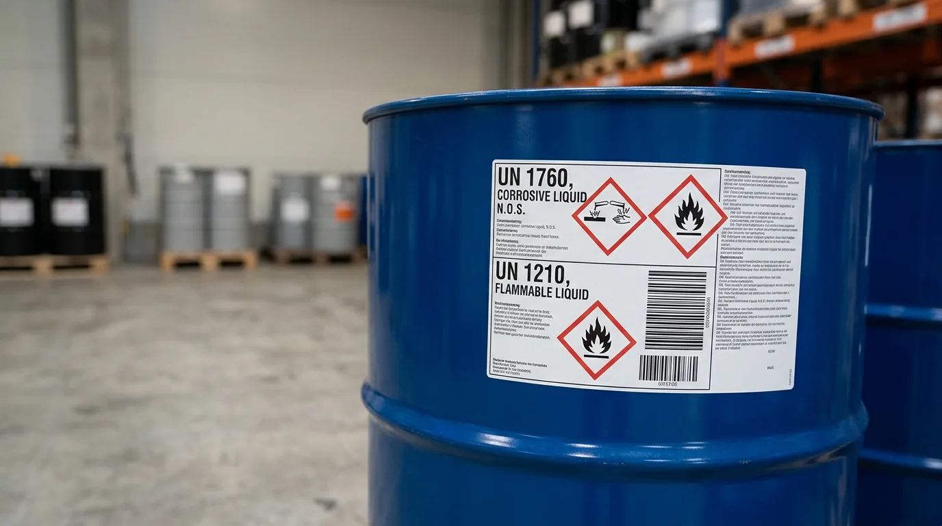 Hazard labels on a chemical drum