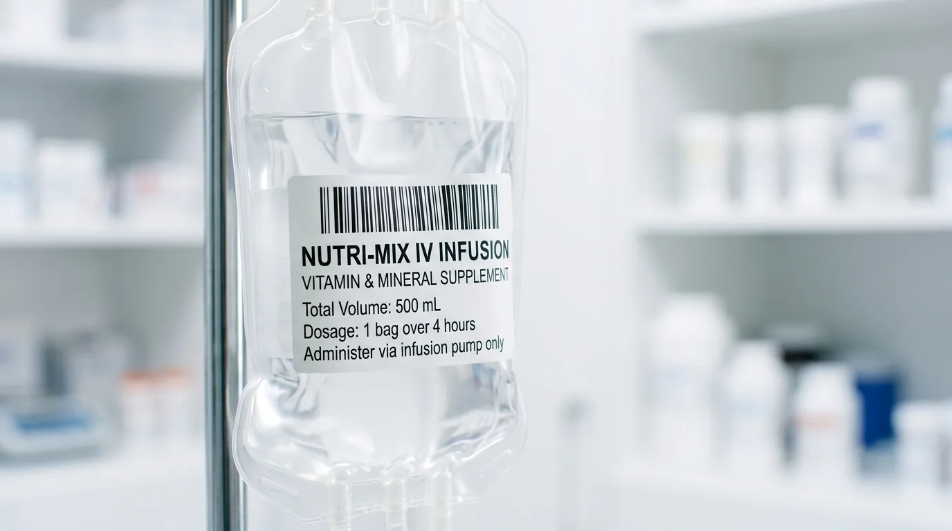 Printed label on an IV infusion bag