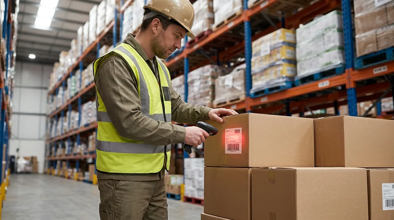Warehouse worker scanning a shipping label